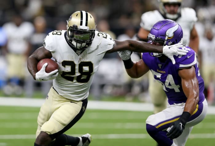 Aug 9, 2019; New Orleans Saints running back Latavius Murray (28) runs from Minnesota Vikings linebacker Eric Kendricks (54). Mandatory Credit: Chuck Cook-USA TODAY Sports